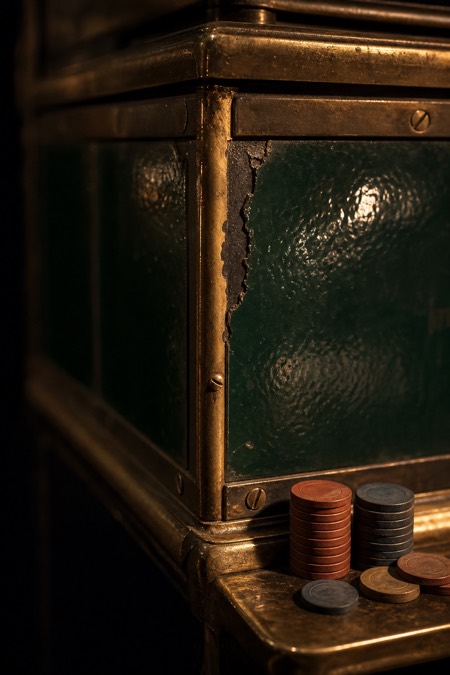 The corner of a betting hall board: thick glossy green vitreous enamel chipped back to black iron, held in cast brass rails, with stacks of clay chips on the brass ledge below.