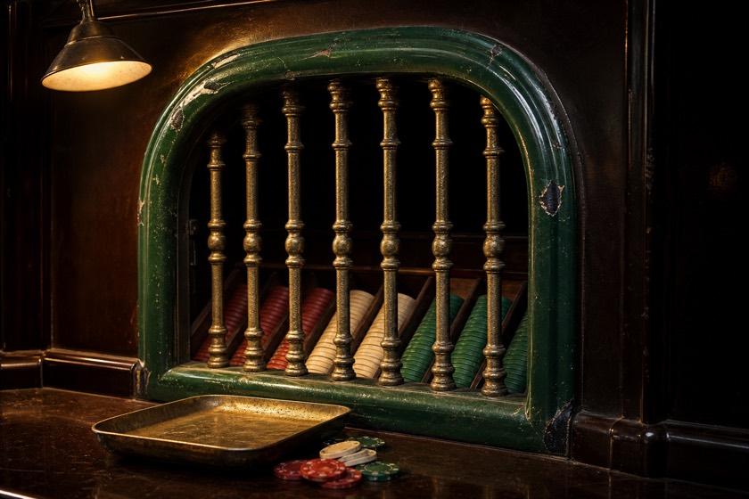 A cashier cage in a gambling house: a brass-barred window set in a chipped green enamel arch, racks of clay chips behind it and a brass tray on the counter.